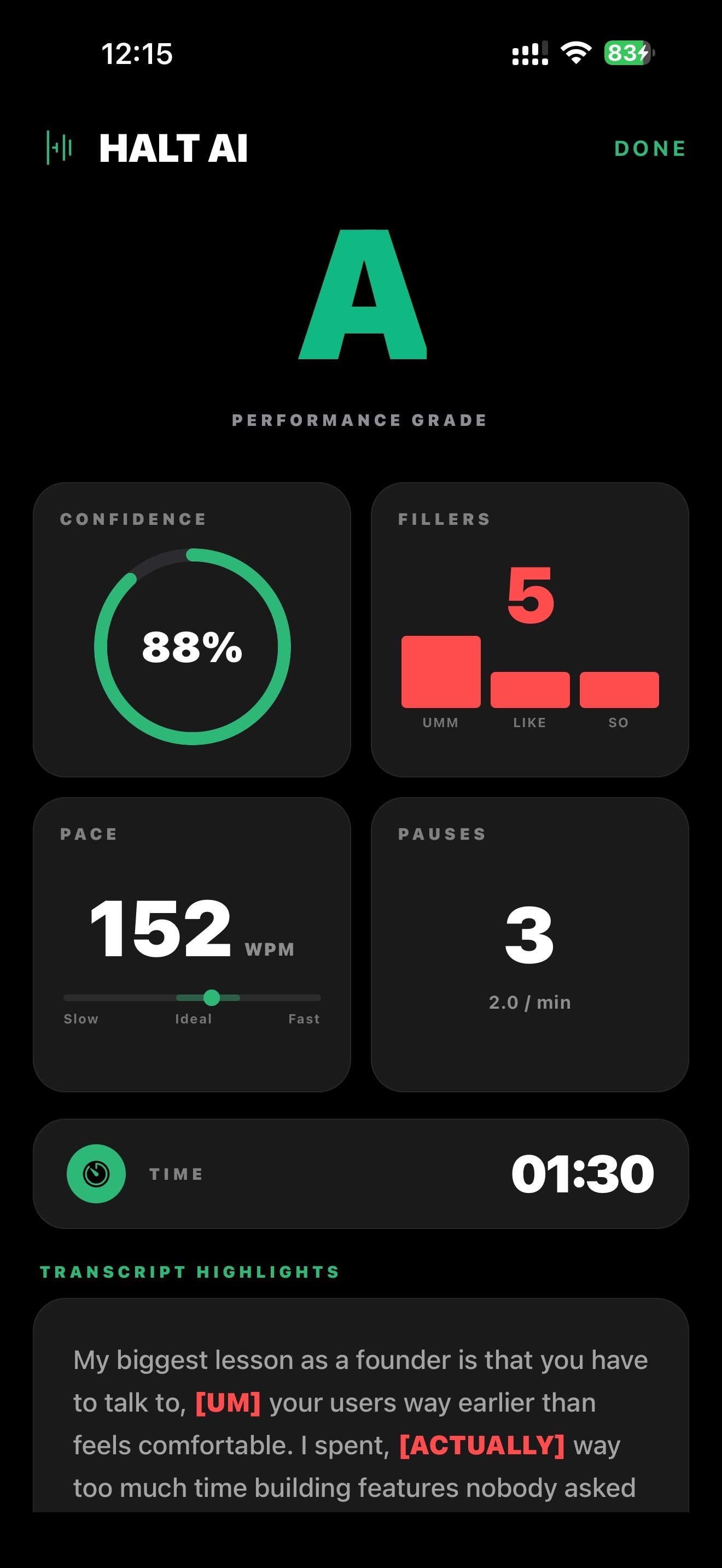 Halt AI analyze screen showing a session grade and coaching insights