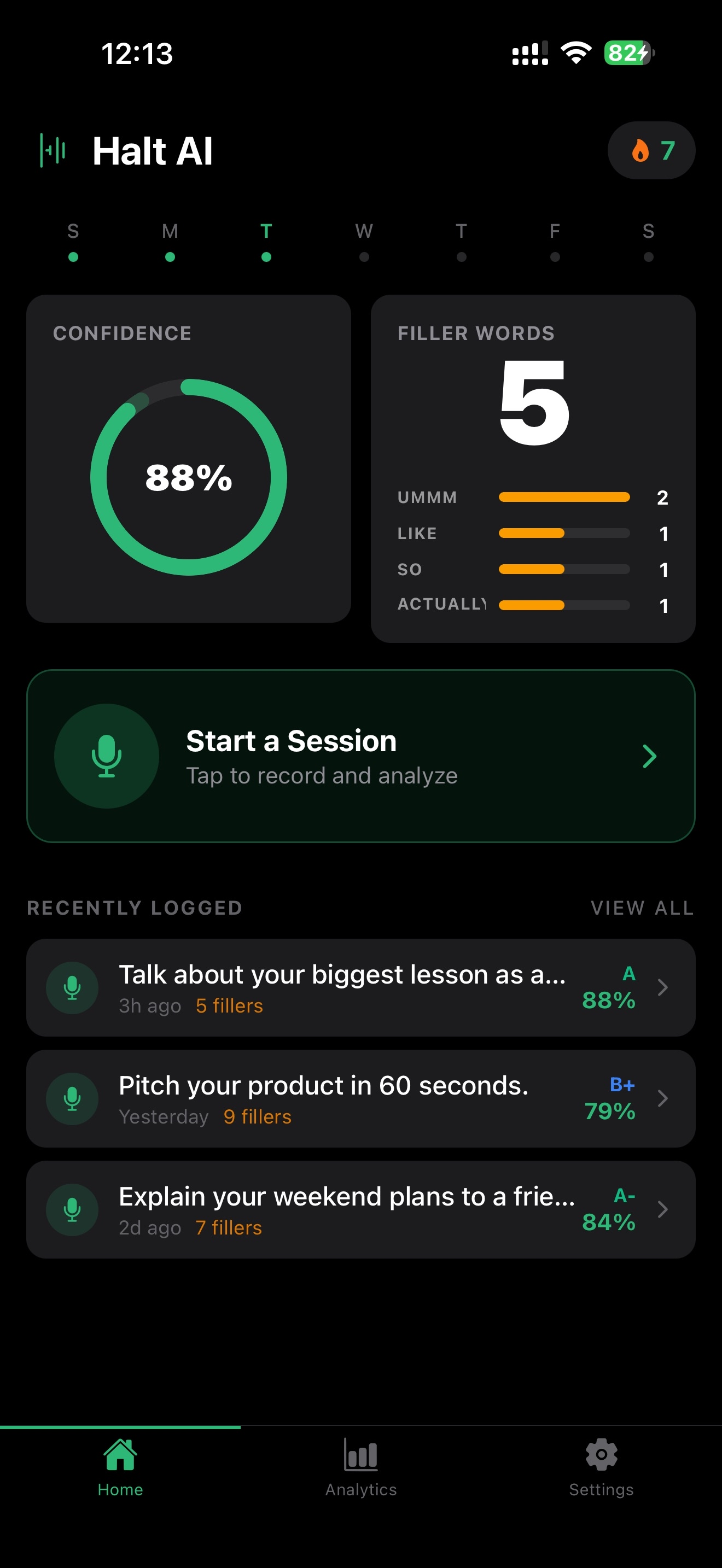 Halt AI home screen with streak, week dots, top stats, record button, and recent sessions